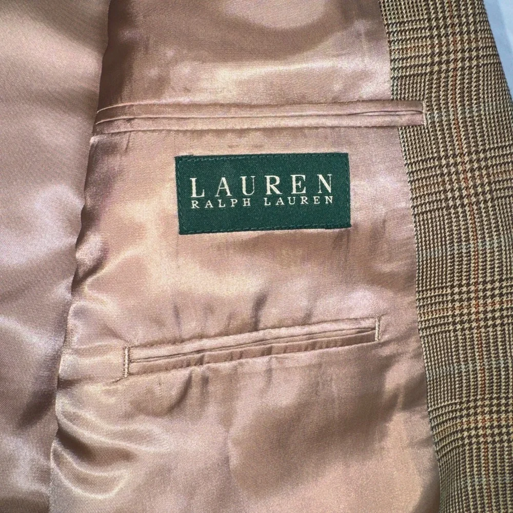 Lauren Ralph Lauren Mens 44L Silk Wool Glen Plaid Blazer Sport Coat Brown Tan